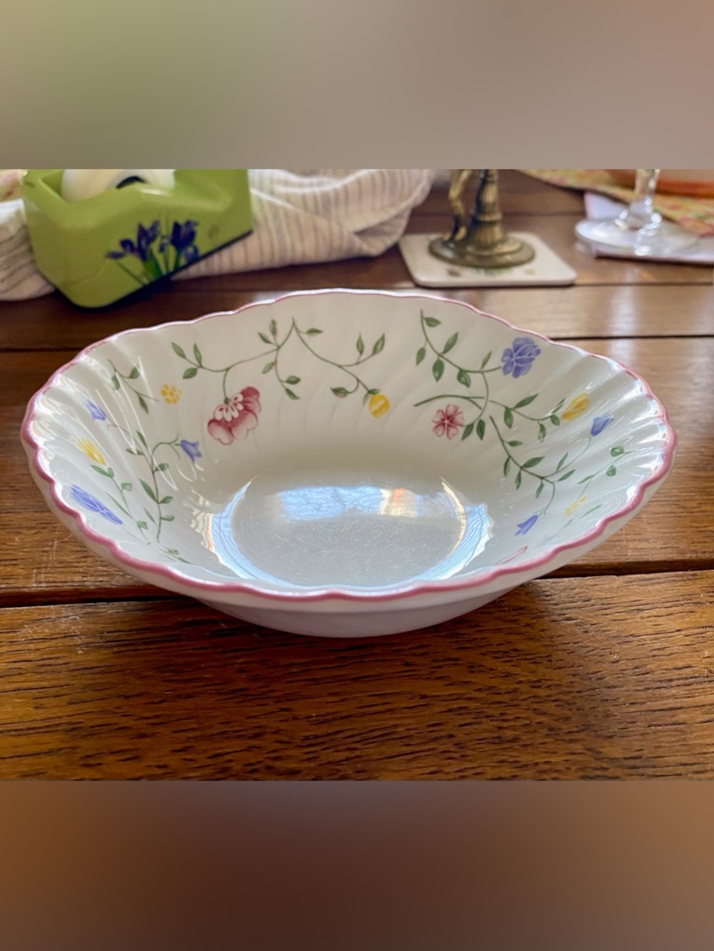 English made Staffordshire Floral Cereal Bowl. White/Pink Rim Johnson Brothers
